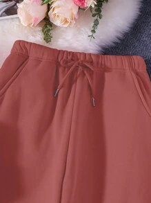 SHEIN EZwear Women's Solid Color Thermal Lined Sweatshirt And Sweatpants Set - Rusty Rose - View 4