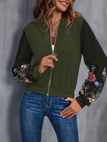 SHEIN LUNE Của phụ nữ Thêu Lưới trong suốt Dây kéo phía trước Áo khoác - xanh quân đội - Xem 3