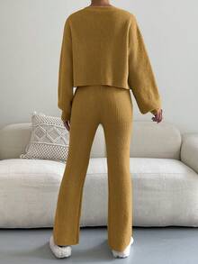 SHEIN Essnce Solid Color Button-front Cardigan And Drawstring Waist Sweater Pants 2pcs/set - Yellow - View 2
