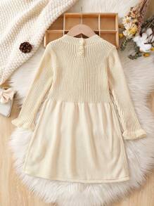 SHEIN Little Girls' Ruffle Sleeve Sweater Dress - Beige - View 2