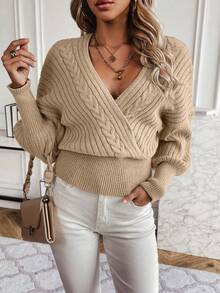 SHEIN Clasi Women's Solid Color V-neck Pullover Sweater - Khaki - View 6