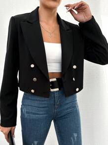 EURMUSE 女性雙排扣短款西裝外套 - 黑色 - 查看 3