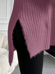 EURMUSE Jersey Con Cuello Alto Y Hombros Caídos Con Dobladillo Dividido - Rosa - Ver 3