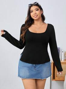 SHEIN EZwear Women's Plus Size Black Knitted Square Neck Long Sleeve T-shirt - Black - View 5