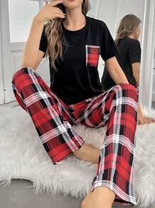 女士格紋拼接睡衣套裝 - 黑色 - 查看 1