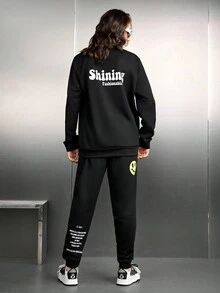 SWAVVY Men's Knit Casual Sweatshirt And Long Pants Set With Text Print - Black - View 6