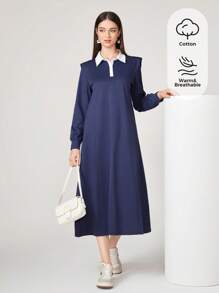 Seusyu Contrast Collar Polo Neck Sweatshirt Dress - Purple - View 1