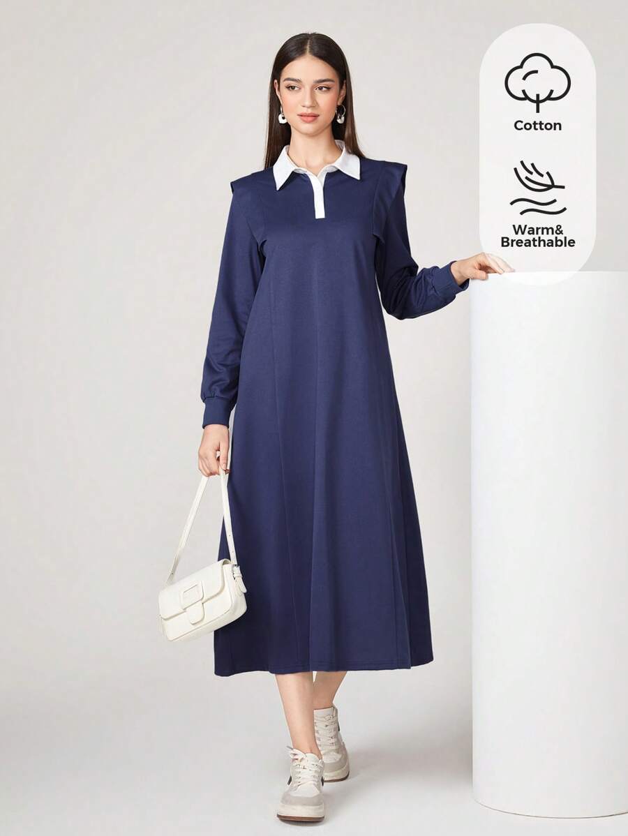 Seusyu Contrast Collar Polo Neck Sweatshirt Dress - Purple - View 1