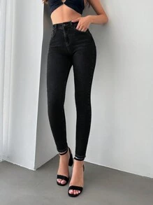 Cottnline Quần Jeans Skinny Trơn Thường Ngày - màu đen - Xem 1