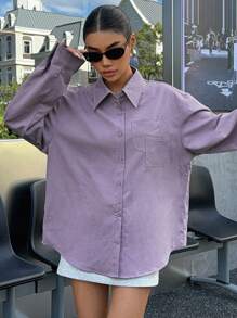 DAZY Camisa De Hombro Caído Para Mujeres Con Doble Bolsillo - Morado - Ver 2