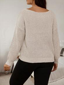 SHEIN LUNE Kích thước lớn Chất rắn Thả vai Áo len dệt kim , Áo chui đầu - Màu Khaki - Xem 2