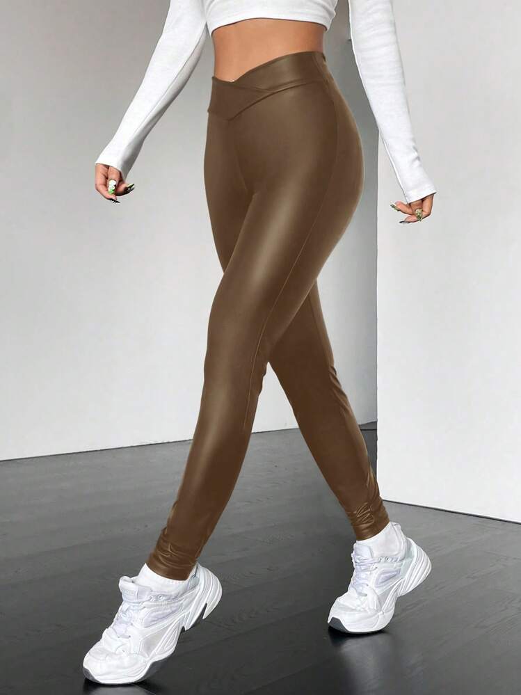 SHEIN Essnce Overlap Waist Compression Leggings - Mocha Brown - View 1