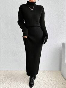 SHEIN Privé Của phụ nữ Cổ cao Thả vai Áo len Và Váy dệt kim Bộ - màu đen - Xem 5