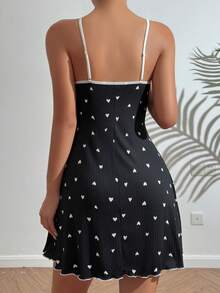 心形印花撞色邊縫背心連衣裙 - 黑色 - 查看 2