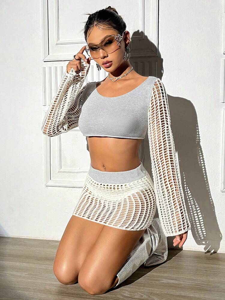 Knitted Hollow Out Ultra Short Sweater And Skirt Two Piece Set