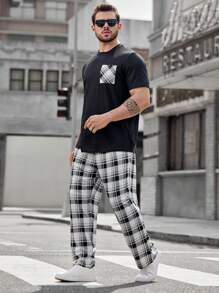 GENTILAND 男士大尺碼格紋拼接口袋t恤和格紋印花褲子休閒2件套裝 - 彩色 - 查看 1