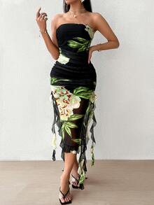 SHEIN VCAY Của phụ nữ Hoa In Quây Viền bất đối xứng Đầm - Nhiều màu - Xem 5