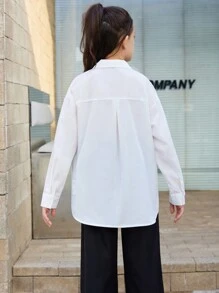 SHEIN Tween女孩寬鬆版白色襯衫,印有口號字樣和面部插圖 - 白色 - 查看 2