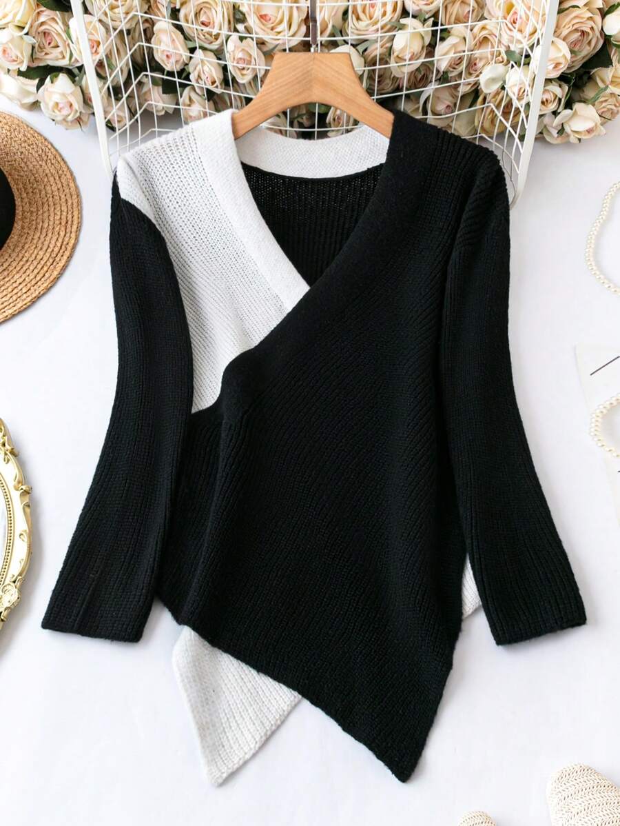 SHEIN LUNE Suéter de punto con cuello en V, efecto de color en bloque y bajo asimétrico para mujer talla grande, para otoño e invierno - Negro - Ver 1