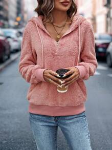 SHEIN LUNE 女士實色束口連帽羊毛衫 - 粉色 - 查看 5