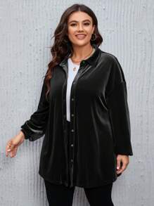 SHEIN LUNE 大码秋季女式圣诞纹理面料迷你格子法兰绒娃娃风格衬衫上衣宽松休闲衬衫上衣带袖衬衫，适合冬季 - 黑色 - 查看 6