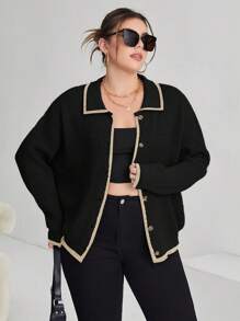 SHEIN Essnce Plus Size Colorblock Edging Cardigan - Black - View 5