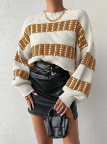 EURMUSE Pull Femme Tricoté À Épaules Tombantes En Blocs De Couleur - Castanho - Ver 4