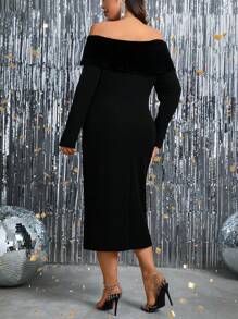SHEIN LUNE Plus Size Solid Color Off Shoulder Dress - Black - View 2