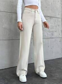 EURMUSE Solid Color Straight Leg Jeans With Slanted Pocket