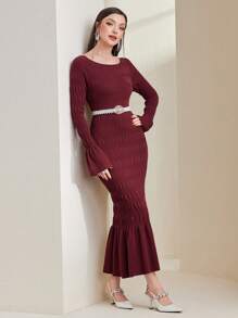 Modelyn Women's Elegant Pleated Design Sweater Dress - Burgundy - View 1