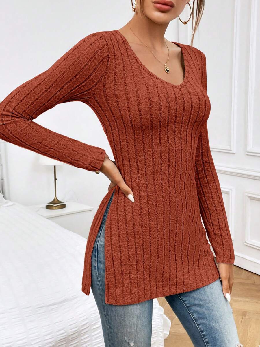 SHEIN Essnce Của phụ nữ Cổ chữ V Đồ đan Ribbed Cái nĩa cao Hem Áo thun - Gỗ đỏ - Xem 1
