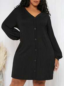 SHEIN CURVE+ Hơn Tay áo lồng đèn Nút phía trước Đầm - màu đen - Xem 1