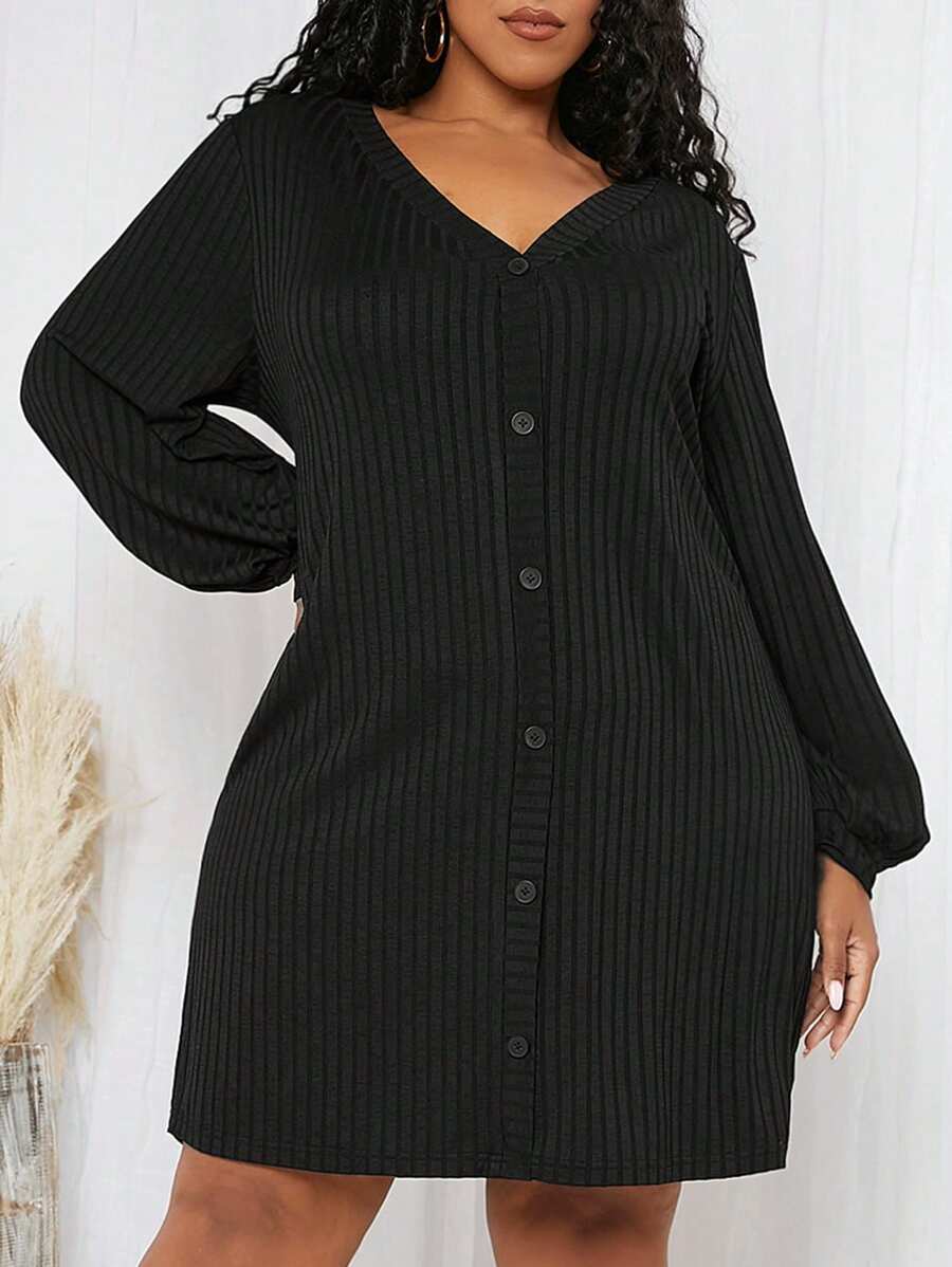 SHEIN CURVE+ Hơn Tay áo lồng đèn Nút phía trước Đầm - màu đen - Xem 1