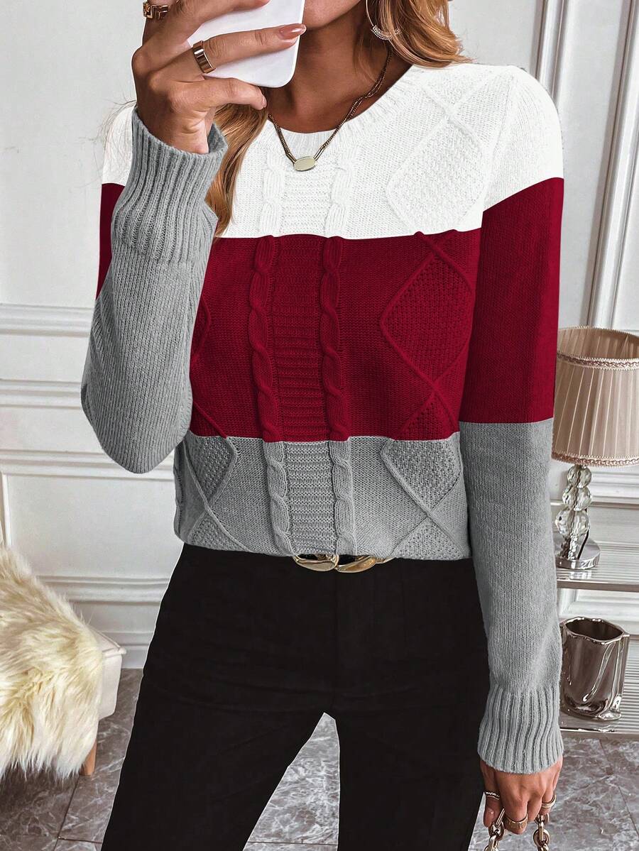 SHEIN Essnce 拼色圓領毛衣 - 彩色 - 查看 1