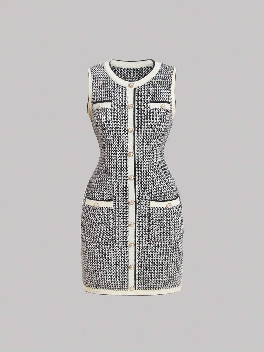 SHEIN MOD 女士千鸟格印花毛衣裙 - 黑與白 - 查看 1