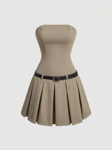 SHEIN MOD Ladies' Pleated Hem Strapless Dress - Khaki - View 1