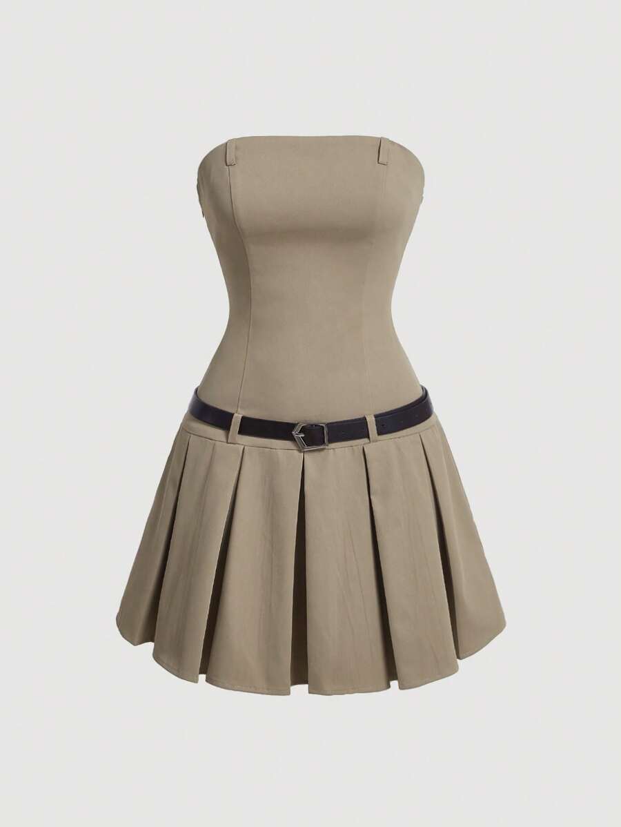 SHEIN MOD Ladies' Pleated Hem Strapless Dress - Khaki - View 1