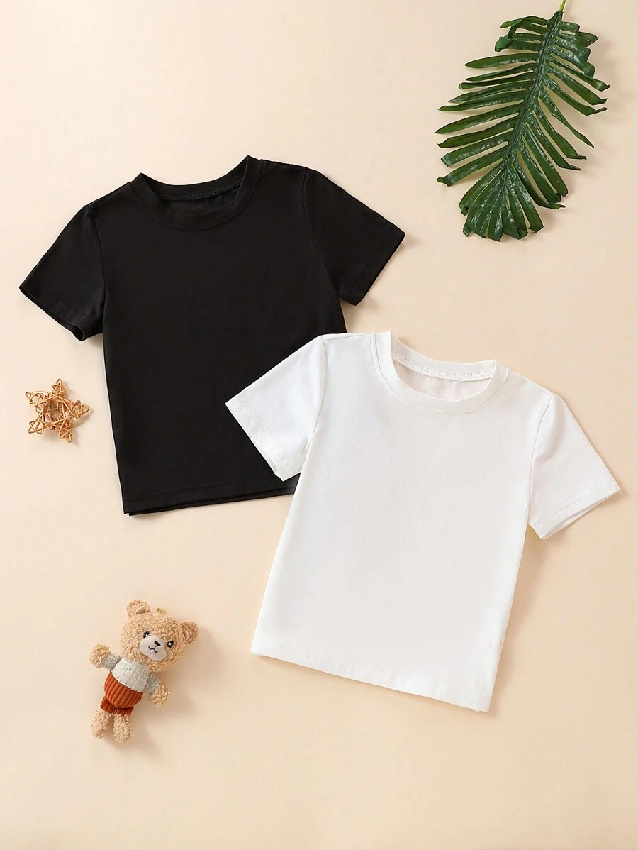 SHEIN Pacchetto Multi-Pack Di Magliette Bianche E Nere A Girocollo Per Bambini In Età Prescolare, Adatto Per Lestate, Luso Quotidiano E Allaperto, Facili Da Abbinare E Comode Da Indossare - Bianco e nero - Visualizzare 1