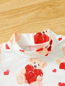 Áo thun cổ cao in hình gấu cho bé gái kèm quần ống loe denim có viền tua rua, 2 chiếc/bộ - trắng - Xem 4