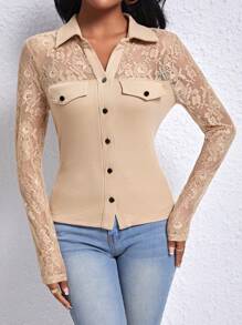 SHEIN Privé Women'S Lace Patchwork Turn Down Collar Button Up Top With Flap Detail - Khaki - View 4