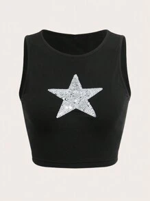 SHEIN EZwear 大碼亮片星星圖案短款背心 - 黑色 - 查看 1