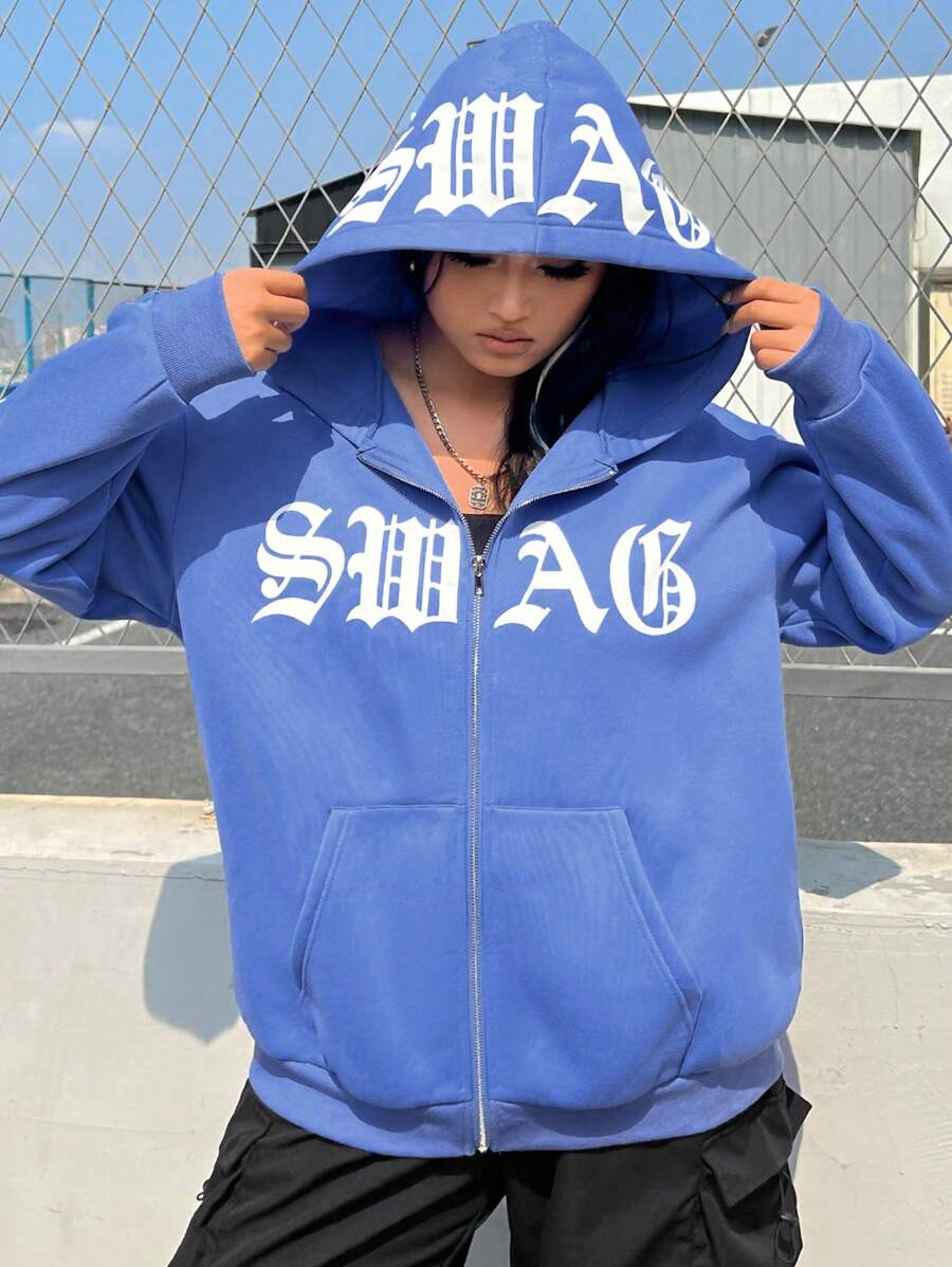 SHEIN EZwear CURVE Áo nỉ cỡ lớn in chữ - Màu xanh lam - Xem 1