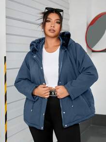 SHEIN EZwear 大码女式夹棉大衣，带毛领和拉链 - 淺藍色 - 查看 1