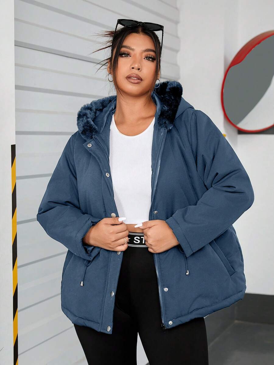 SHEIN EZwear 大码女式夹棉大衣，带毛领和拉链 - 淺藍色 - 查看 1