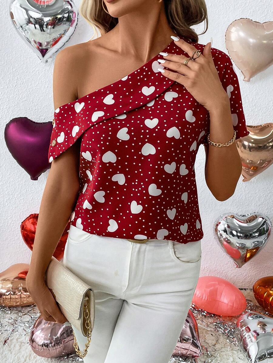 SHEIN LUNE 女款斜肩心形圓點印花襯衫 - 彩色 - 查看 1