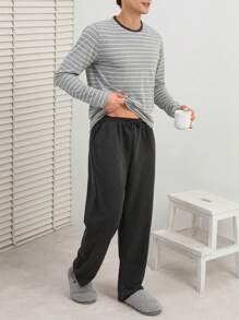 SHEIN Cottnline Men's Striped Homewear Set - Light Grey - View 4