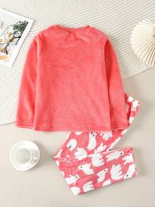 Tween Girls' Cartoon Embroidery Plush Homewear Set - Red and White - View 2