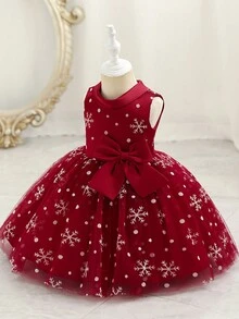 Little Girls' Snowflake And Bow Knot Detail Sleeveless Party Dress - Burgundy - View 4