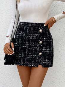 Chiquease 格紋紐扣細身裙 - 黑色 - 查看 3