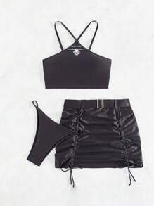 SHEIN Swim Women's Halter Neck Ruffled Separated Swimming Suit, 3pcs/Set Summer - Black - View 7